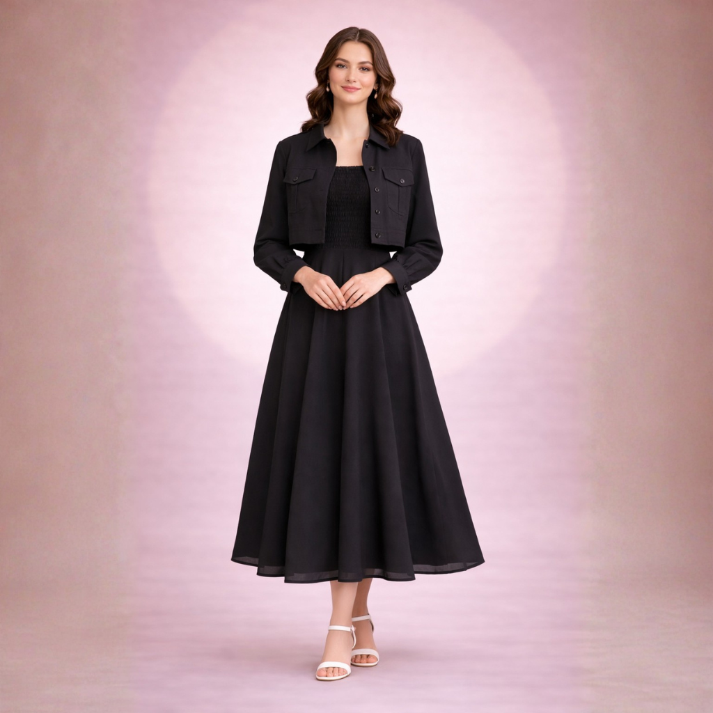 Jacket Style Georgette Maxi Dress for Women – Elegant Long Dress with Cropped Jacket