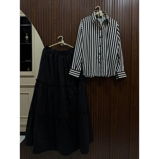 Striped Top with Black Georgette Skirt Set – Elegant Women Skirt Top Outfit
