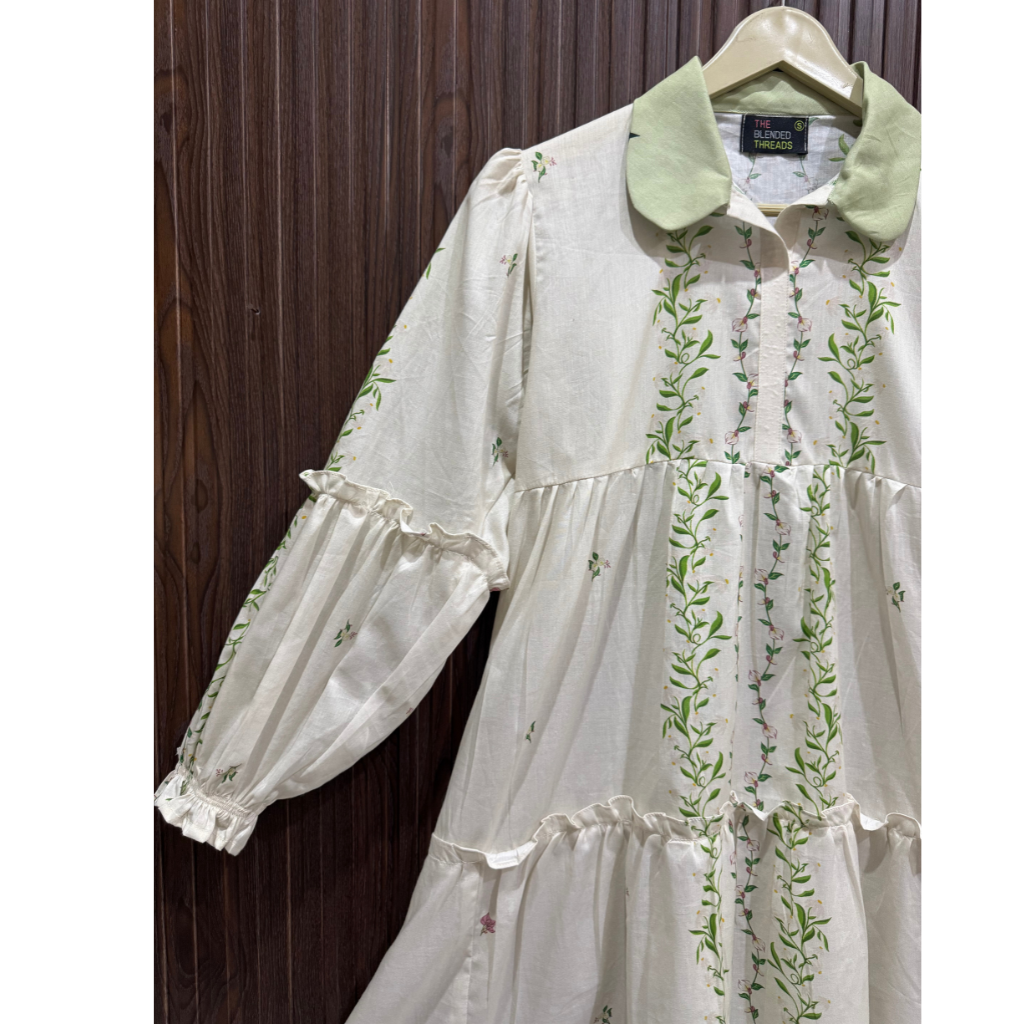 Floral Lawn Top with Collar and Frill Hem
