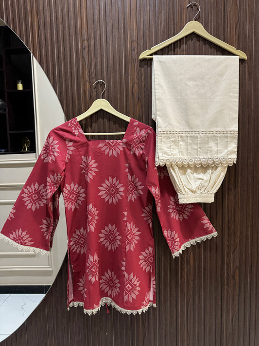 Maroon Corset Kurti with Beige Flapper Trouser – 2 Piece