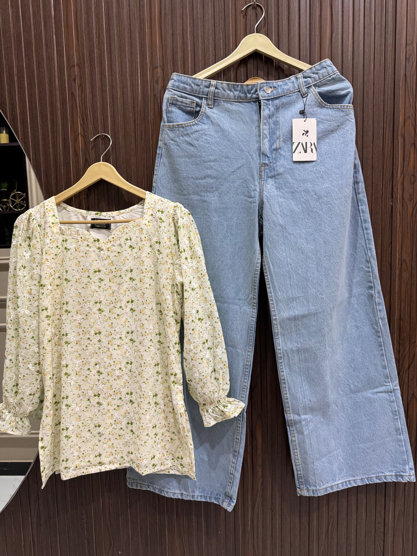 Floral Muse – Chiffon Chicken Kari Corset Kurti with Wide Leg Jeans