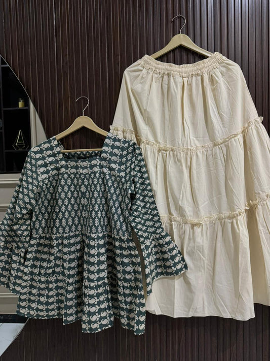 Elegant Printed Skirt Top Set for Women – Flowy Lawn Top with Cotton Layered Skirt