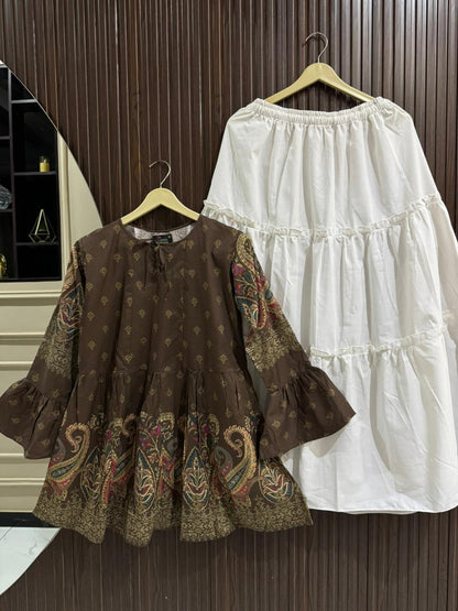 Elegant Printed Skirt Top Set for Women – Flowy Lawn Top with Cotton Layered Skirt