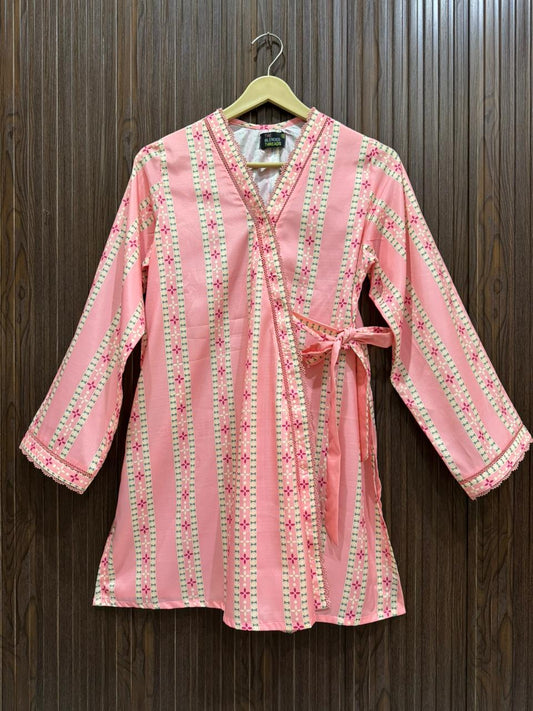 Pink Cotton Silk Wrap Top for Girls – Stylish Printed Short Top with Belt | Casual & Party Wear