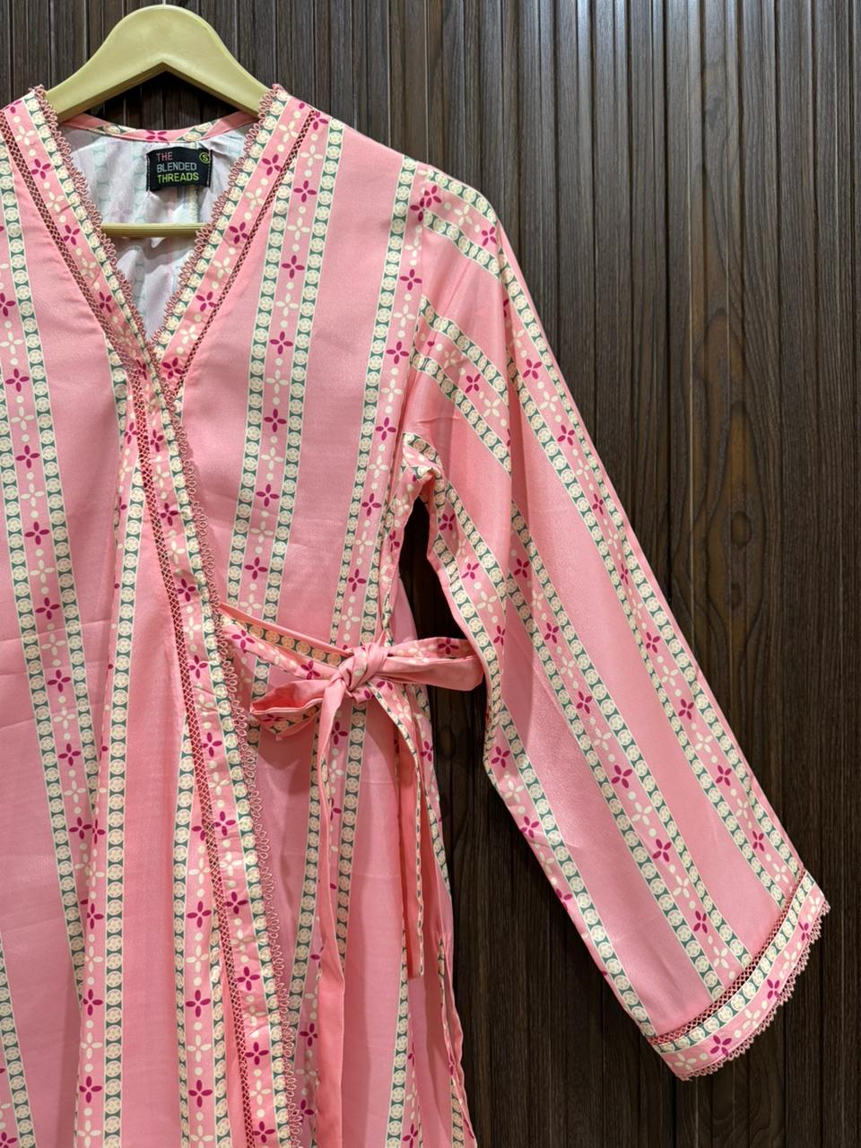 Pink Cotton Silk Wrap Top for Girls – Stylish Printed Short Top with Belt | Casual & Party Wear