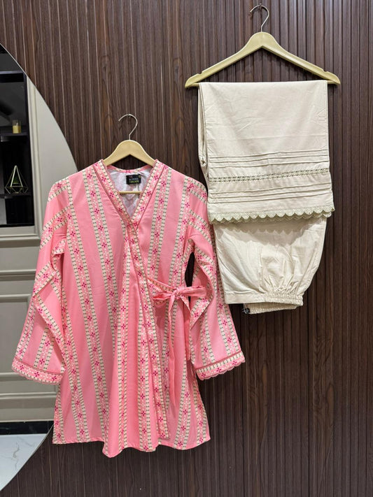 Pink Wrap Top with Cotton Flapper – Stylish Printed Summer Outfit for Women | Casual Wear