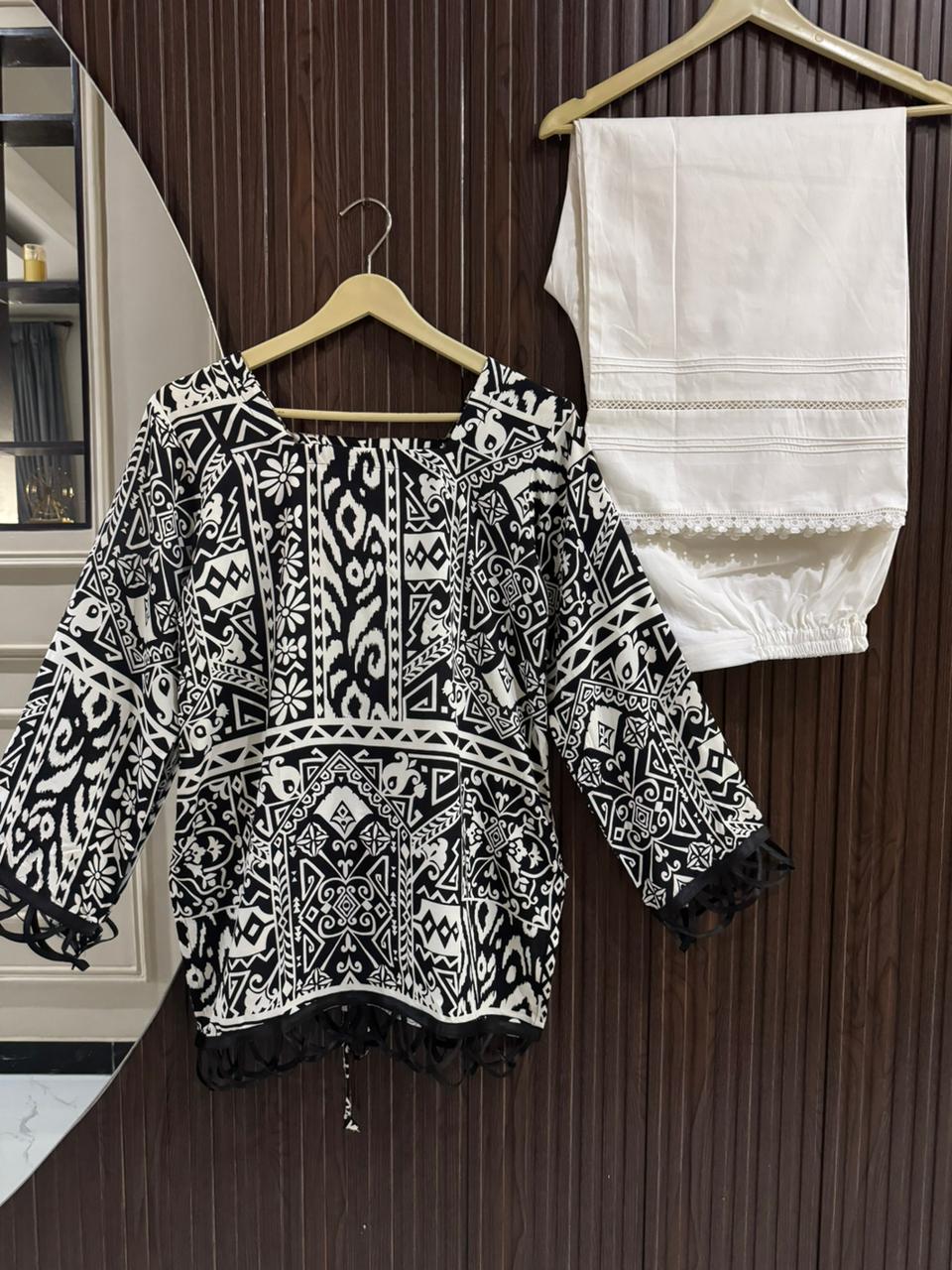 Black & White Soft Linen Corset Kurti Set