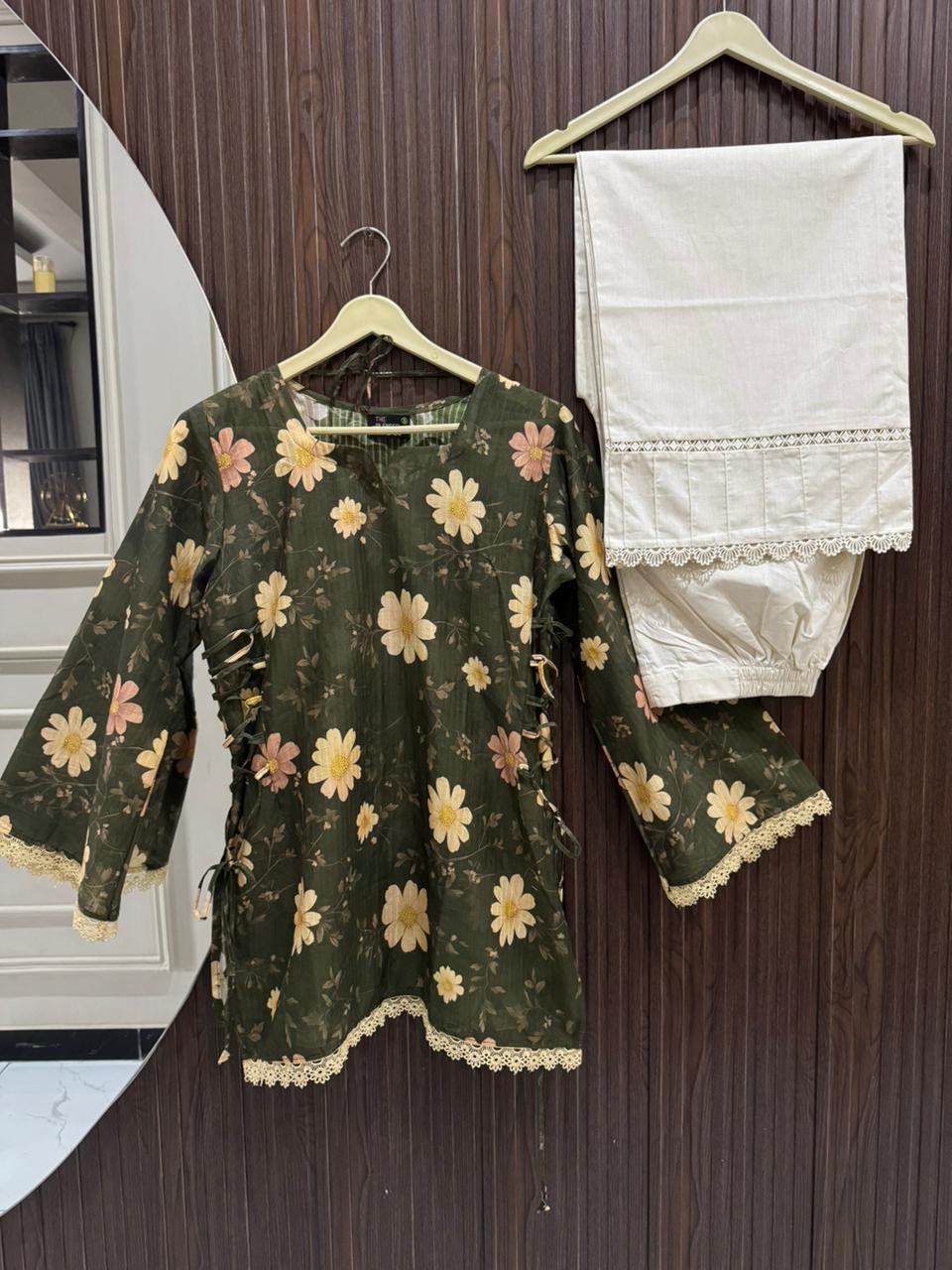 Printed Stuff Lawn Double Corset Kurti with Cotton Flapper Trouser